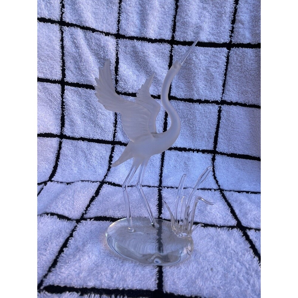 Robert Mickelsen Handcrafted Glass Egret with Cattails Art - 6.75